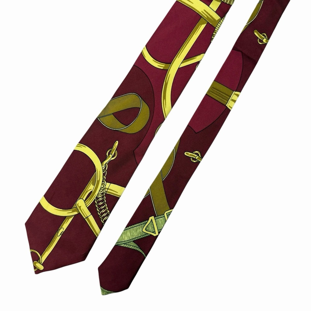 Hermes Men's Scarf Tie Brides de Gala Chains Burgundy/Gold Silk 3.5" x 57.5" euc